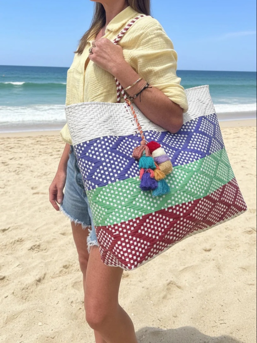 NWT Extra large woven, basket-style tote -Pom-pom tassel trim